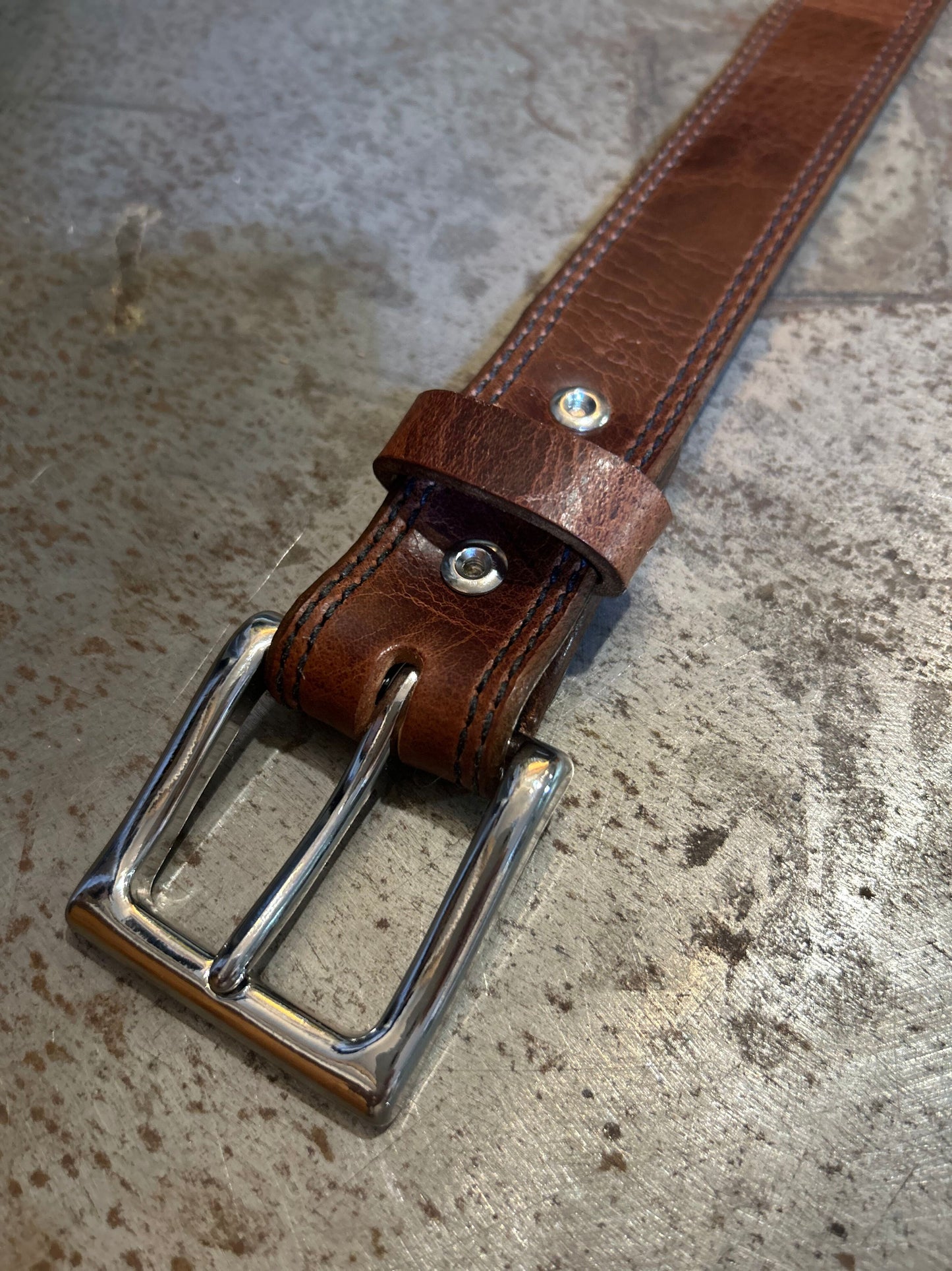 Men's Distressed Genuine Bison Leather Belt, Polished Nickel