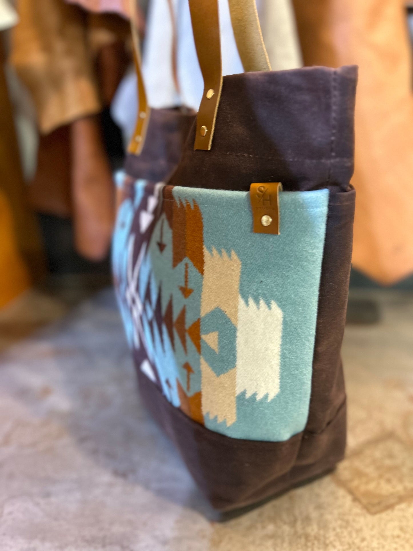 Rustic Wool & Waxed Canvas Tote Bag – Handmade Southwest Market Bag with Leather Handles, Durable and Water-Resistant