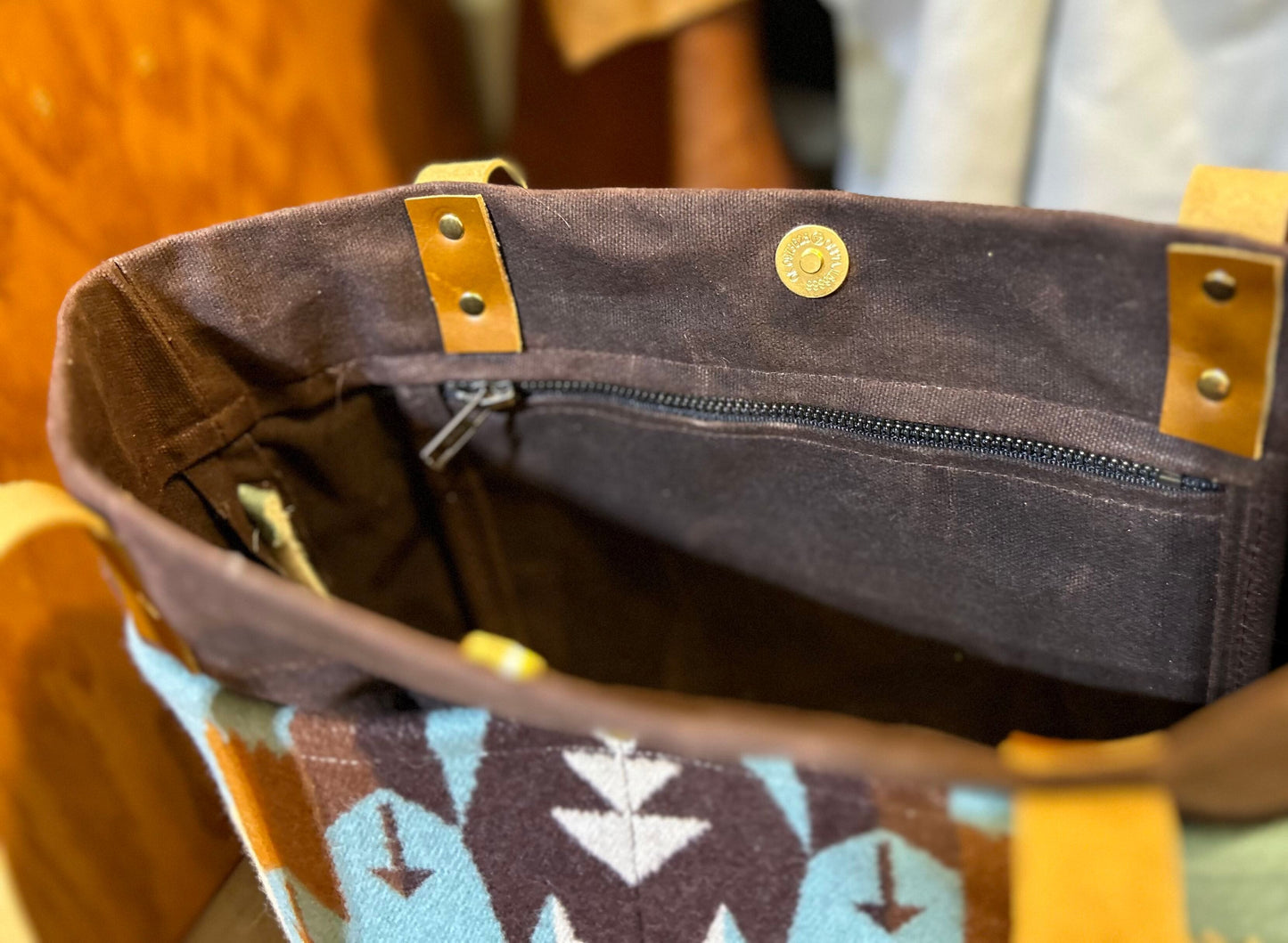 Rustic Wool & Waxed Canvas Tote Bag – Handmade Southwest Market Bag with Leather Handles, Durable and Water-Resistant