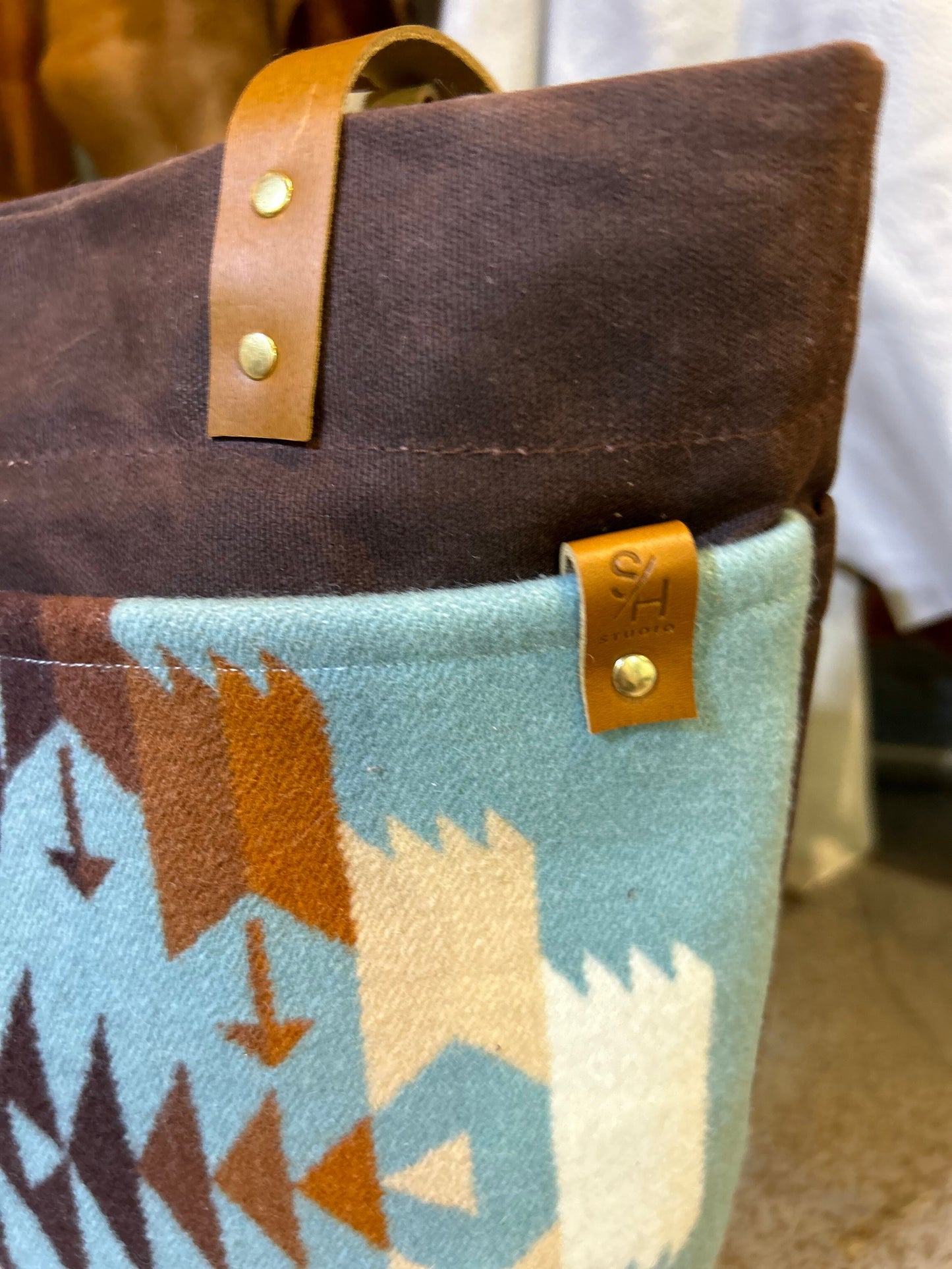 Rustic Wool & Waxed Canvas Tote Bag – Handmade Southwest Market Bag with Leather Handles, Durable and Water-Resistant