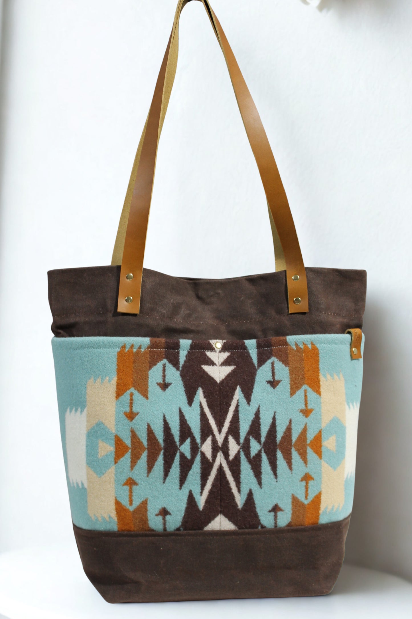 Rustic Wool & Waxed Canvas Tote Bag – Handmade Southwest Market Bag with Leather Handles, Durable and Water-Resistant