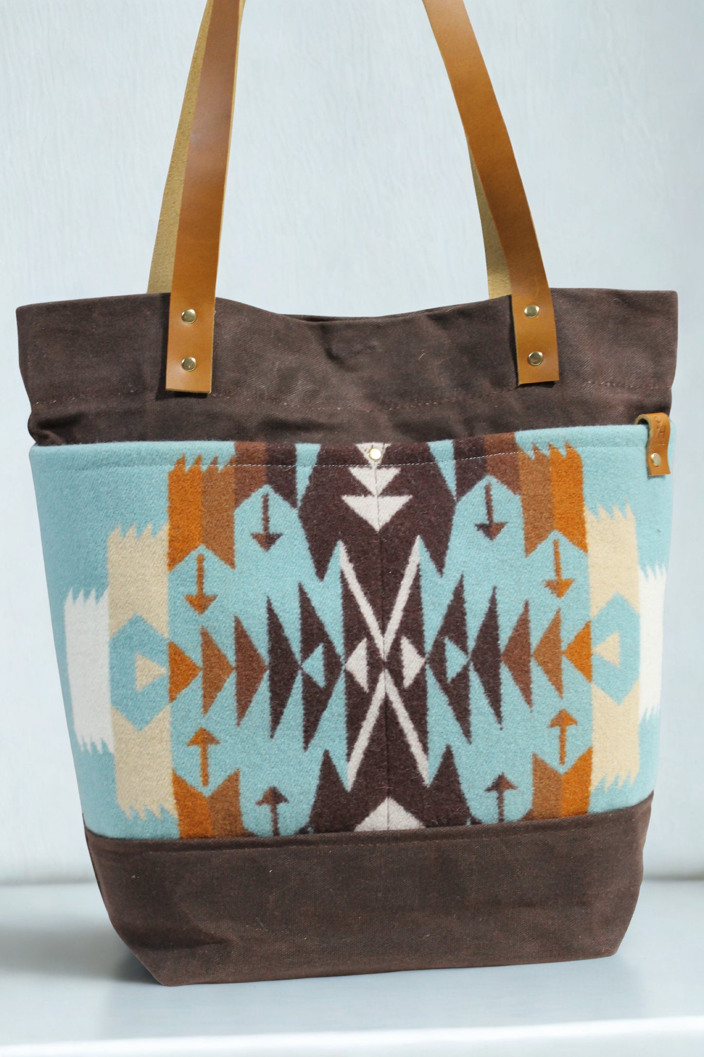 Rustic Wool & Waxed Canvas Tote Bag – Handmade Southwest Market Bag with Leather Handles, Durable and Water-Resistant
