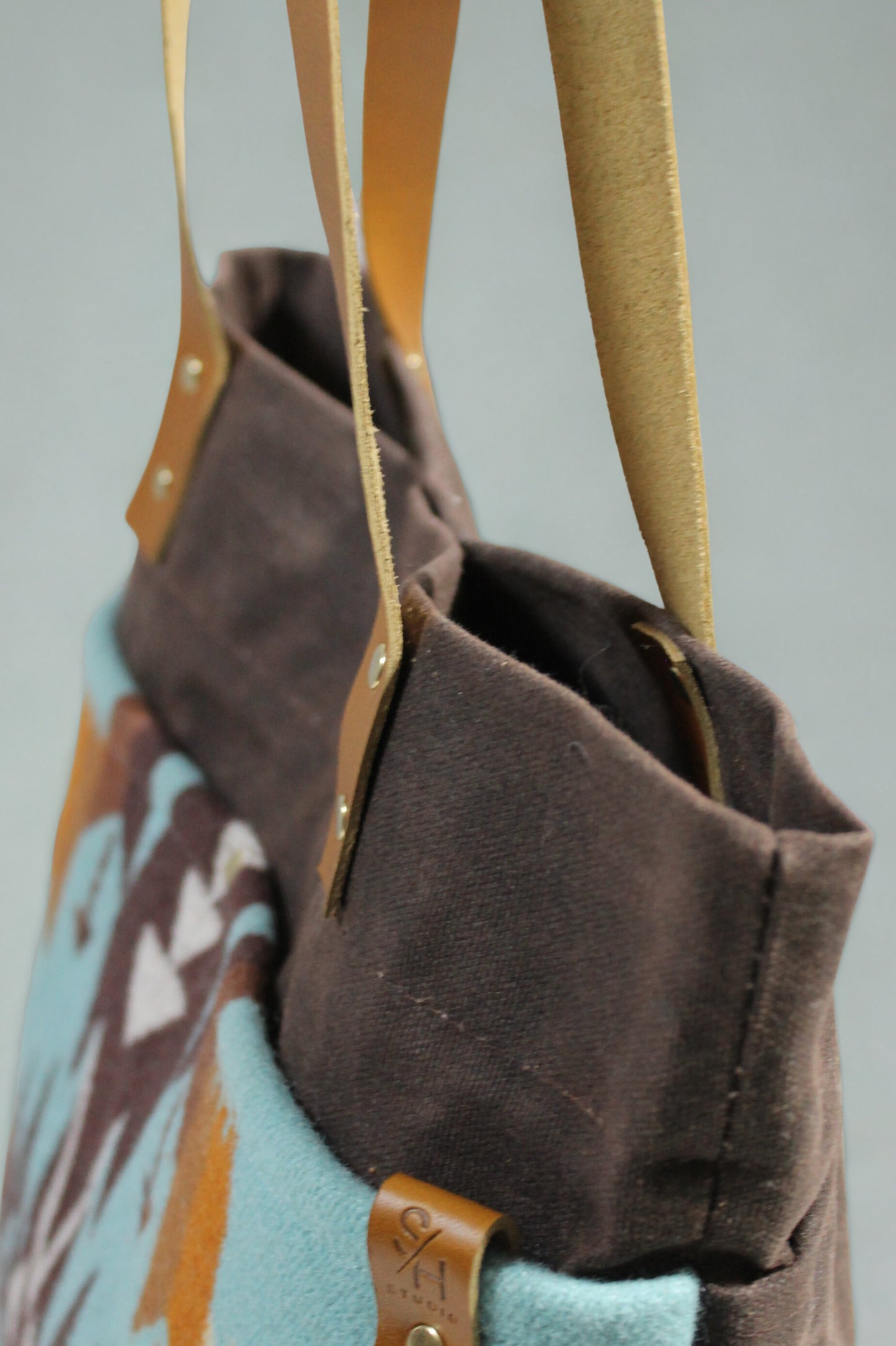 Rustic Wool & Waxed Canvas Tote Bag – Handmade Southwest Market Bag with Leather Handles, Durable and Water-Resistant