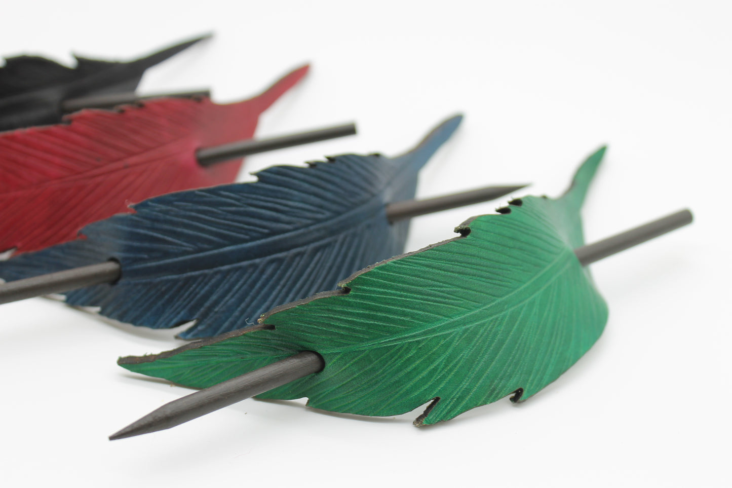 Handmade Leather Raven Feather Hair Pin – Boho Style Hair Accessory with Wooden Stick, Available in 4 Colors
