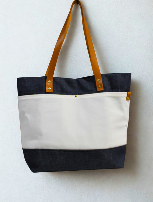 Denim and Canvas Large Market Tote Bag - Lisa Collection